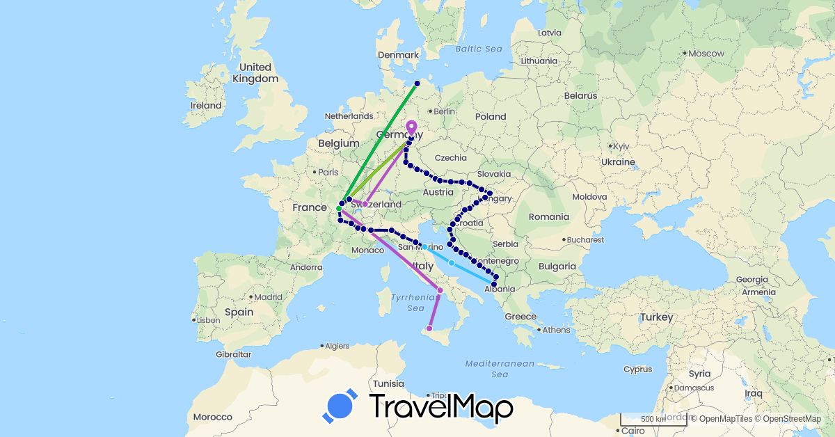 TravelMap itinerary: driving, bus, train, boat, electric vehicle in Albania, Austria, Switzerland, Germany, France, Croatia, Hungary, Italy, Montenegro, Slovakia (Europe)